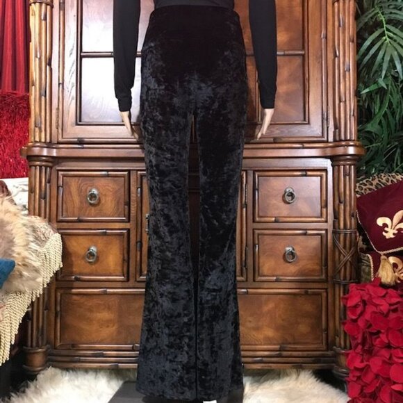 NWOT Wavvy Black Crushed Velvet Front Slit High Waist Stretch Flare Leg Pant - Picture 3 of 10